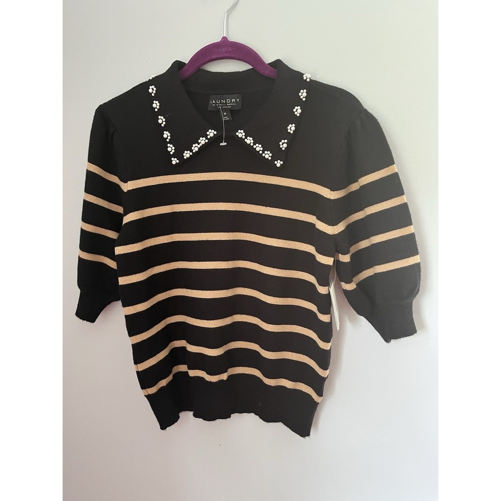 Laundry by Shelli Segal Women Pullover Sweater M Black/Beige Striped Beaded - Picture 2 of 8